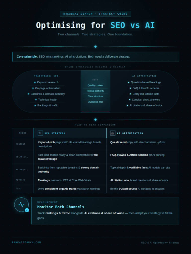 RankAISearch infographic comparing SEO vs AI optimisation strategies, showing diverging tactics and shared foundations via a Venn diagram and five-row comparison table.