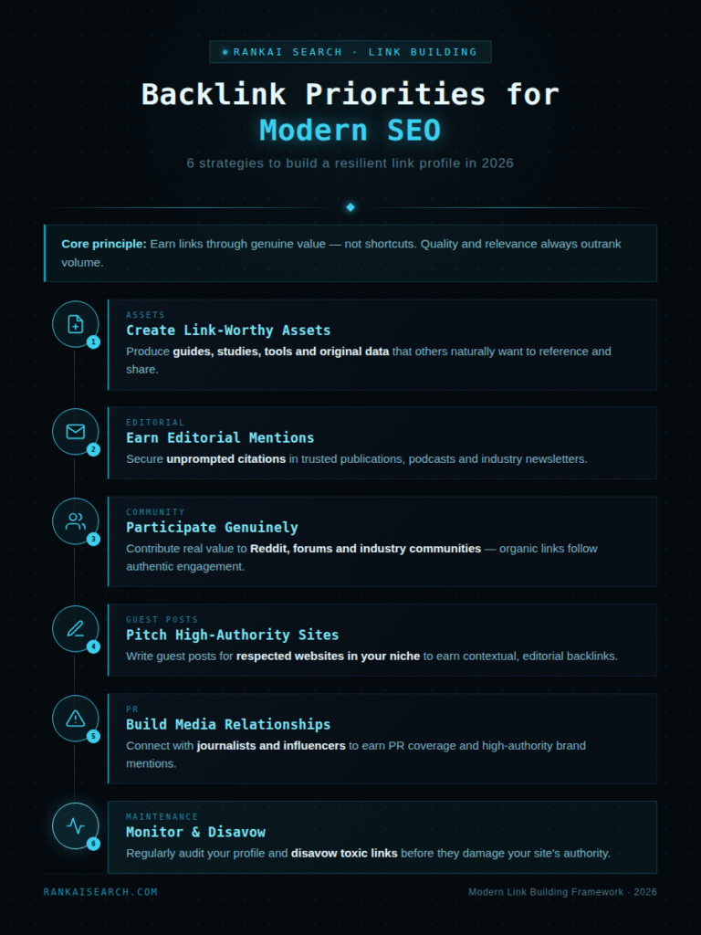 RankAISearch infographic outlining 6 backlink priorities for modern SEO in 2026: creating link-worthy assets, earning editorial mentions, participating in communities, pitching guest posts, building media relationships, and monitoring and disavowing toxic links.