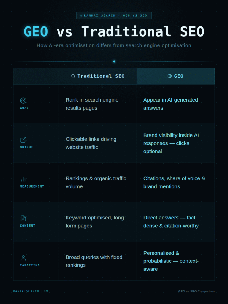 Infographic by RankAI Search comparing GEO and Traditional SEO across five dimensions: Goal (rank in search results vs. appear in AI-generated answers), Output (clickable links vs. brand visibility inside AI responses), Measurement (rankings and traffic vs. citations and share of voice), Content (keyword-optimised pages vs. direct fact-dense answers), and Targeting (fixed rankings vs. personalised and probabilistic responses).