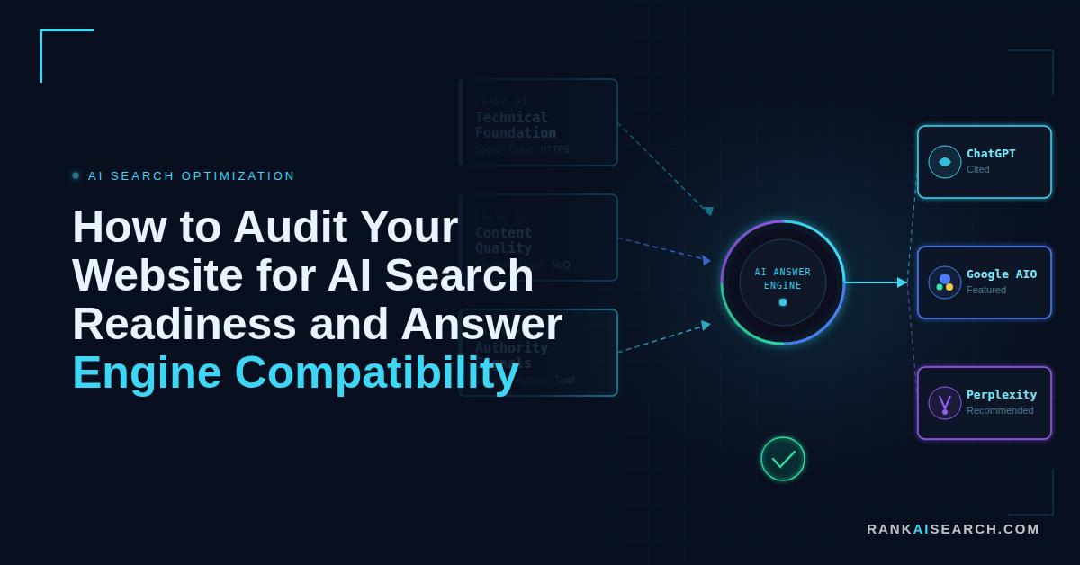 RankAISearch diagram 'How to Audit Your Website for AI Search Readiness and Answer Engine Compatibility,' showing audit components (Technical Foundation, Content Quality, Authority Signals, Schema) feeding into a central AI Answer Engine that distributes to ChatGPT (Cited), Google AIO (Featured), and Perplexity (Recommended).