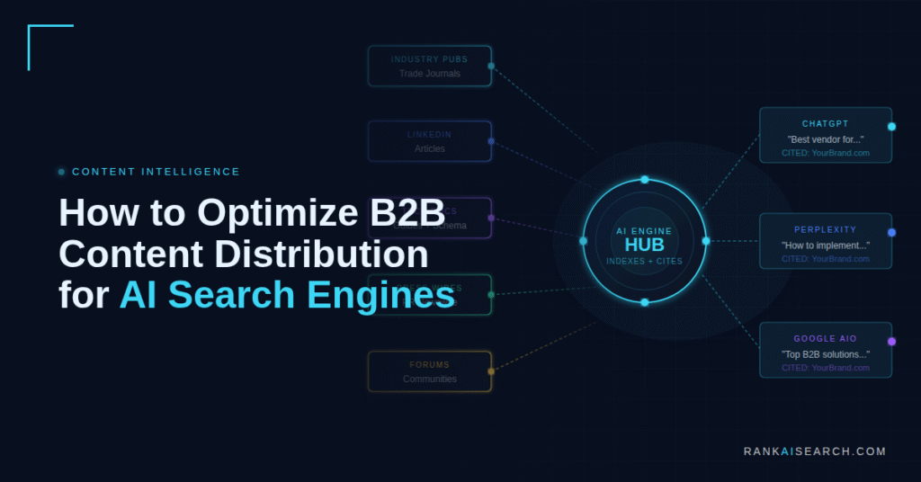RankAISearch diagram 'How to Optimize B2B Content Distribution for AI Search Engines,' showing B2B content channels (Industry Pubs, LinkedIn Articles, Technical Resources, Press Releases, Forums) flowing into a central AI Engine Hub that indexes and cites content, distributing recommendations to ChatGPT, Perplexity, and Google AIO with brand attribution.