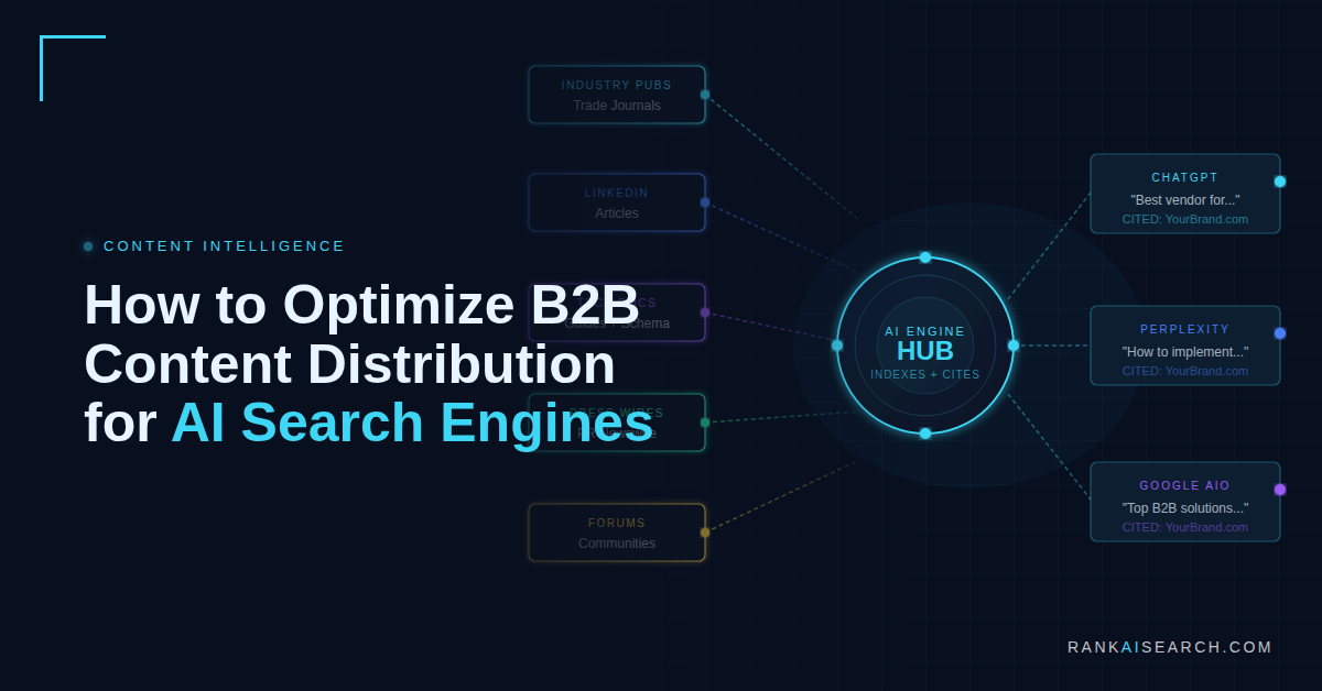 RankAISearch diagram 'How to Optimize B2B Content Distribution for AI Search Engines,' showing B2B content channels (Industry Pubs, LinkedIn Articles, Technical Resources, Press Releases, Forums) flowing into a central AI Engine Hub that indexes and cites content, distributing recommendations to ChatGPT, Perplexity, and Google AIO with brand attribution.