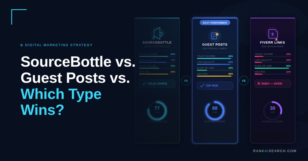 RankAISearch scorecard 'SourceBottle vs. Guest Posts vs. Which Type Wins?' comparing three backlink methods: SourceBottle (77 overall score, solid choice), Guest Posts (88 overall score, best performer with 94% trust and 96% SEO ROI), and Fiverr Links (30 overall score, risky to avoid with 20% trust and 22% link quality).