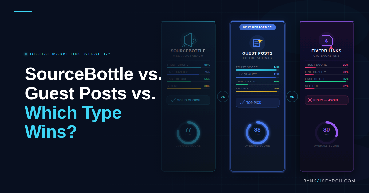 RankAISearch scorecard 'SourceBottle vs. Guest Posts vs. Which Type Wins?' comparing three backlink methods: SourceBottle (77 overall score, solid choice), Guest Posts (88 overall score, best performer with 94% trust and 96% SEO ROI), and Fiverr Links (30 overall score, risky to avoid with 20% trust and 22% link quality).