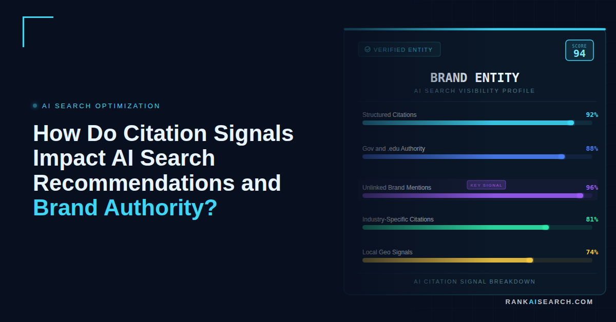RankAISearch infographic titled 'How Do Citation Signals Impact AI Search Recommendations and Brand Authority?' displaying a Brand Entity AI Search Visibility Profile with citation signal scores: Structured Citations 92%, Gov and .edu Authority 88%, Unlinked Brand Mentions 96% (key signal), Industry-Specific Citations 81%, and Local Geo Signals 74%.