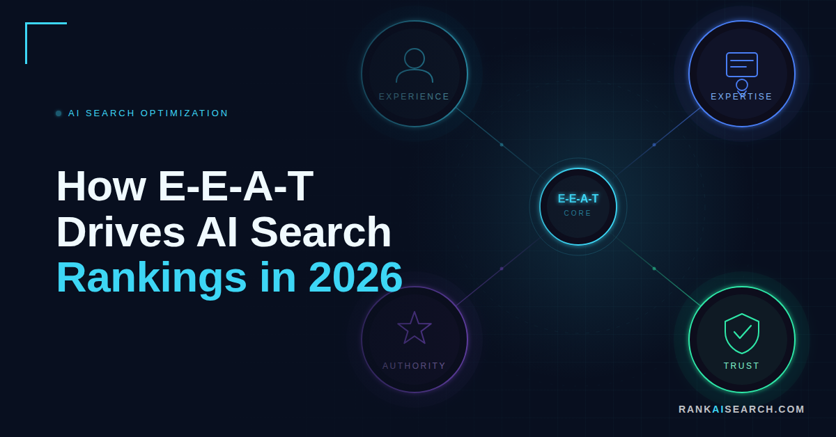 RankAISearch diagram 'How E-E-A-T Drives AI Search Rankings in 2026,' showing E-E-A-T core connected to four pillars: Experience, Expertise, Authority, and Trust, illustrating how these signals determine content citation and recommendation priority in AI answer engines.