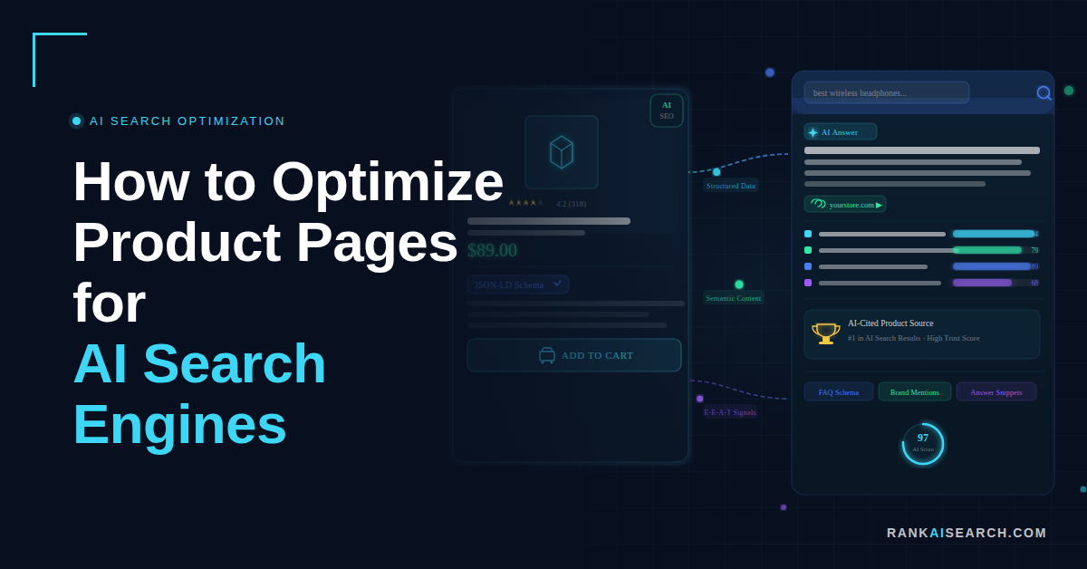 Featured image for an article on optimizing product pages for AI search engines, showcasing relevant graphics and text.