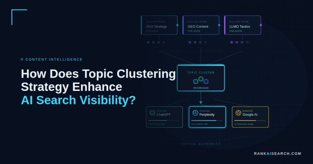 RankAISearch diagram 'How Does Topic Clustering Strategy Enhance AI Search Visibility?' showing a topic clustering strategy architecture where pillar pages (AEO Strategy, GEO Content, LLMO Tactics hub articles) feed into a central topic cluster, which distributes topical authority to ChatGPT, Perplexity, and Google AI engines.