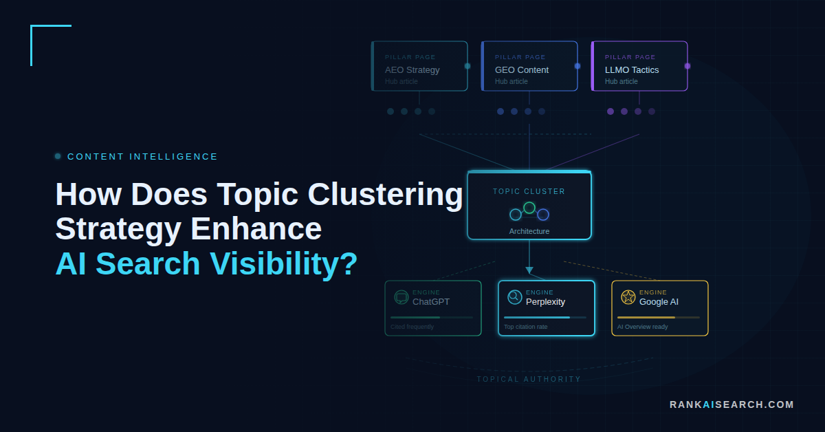 RankAISearch diagram 'How Does Topic Clustering Strategy Enhance AI Search Visibility?' showing a topic clustering strategy architecture where pillar pages (AEO Strategy, GEO Content, LLMO Tactics hub articles) feed into a central topic cluster, which distributes topical authority to ChatGPT, Perplexity, and Google AI engines.