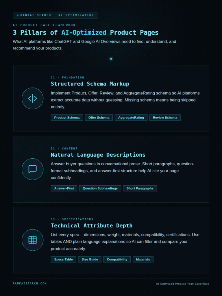 Infographic showcasing the three foundational pillars of AI-optimized product pages from the new product information page.