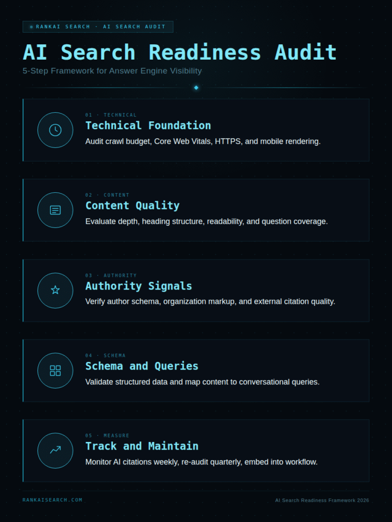RankAISearch 'AI Search Readiness Audit' 5-step framework for answer engine visibility: Technical Foundation (crawl budget, Core Web Vitals, HTTPS), Content Quality (depth, structure, readability), Authority Signals (author schema, citation quality), Schema and Queries (structured data validation), and Track and Maintain (weekly AI citation monitoring).