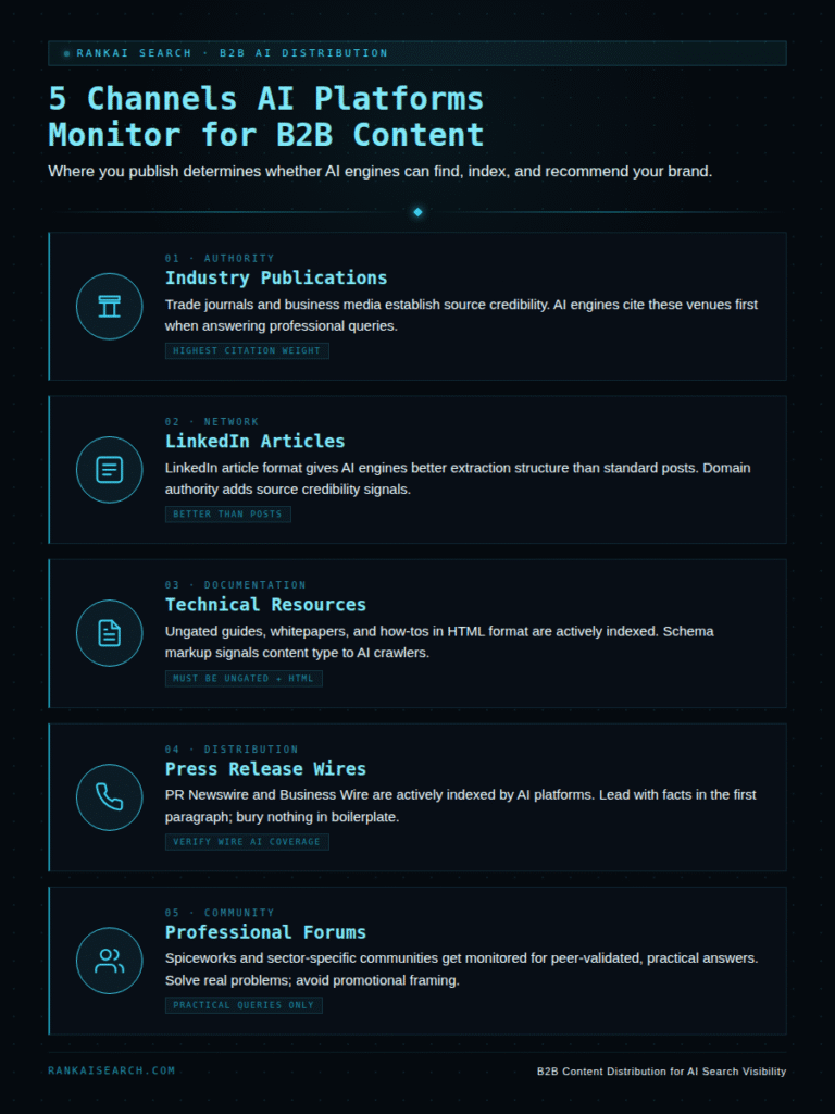 RankAISearch '5 Channels AI Platforms Monitor for B2B Content' guide detailing B2B content distribution channels: Industry Publications (highest citation weight), LinkedIn Articles (better extraction structure), Technical Resources (HTML-ungated guides), Press Release Wires (AI-indexed newswires), and Professional Forums (peer-validated answers).