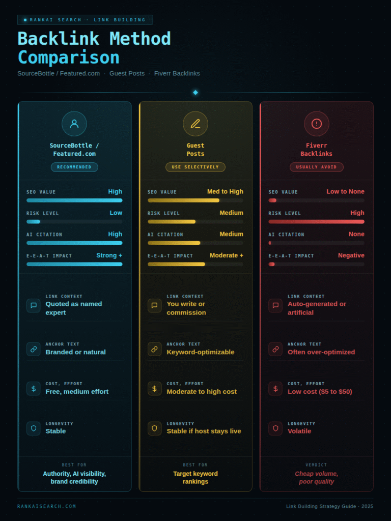 RankAISearch 'Backlink Method Comparison' guide detailing three link building strategies: SourceBottle/Featured.com (Recommended — high SEO value, low risk, high AI citation), Guest Posts (Use Selectively — medium-high value, medium risk, moderate E-E-A-T impact), and Fiverr Backlinks (Usually Avoid — low-to-none SEO value, high risk, no AI citation, negative E-E-A-T impact).