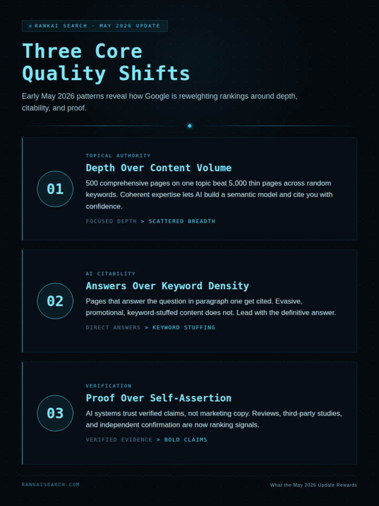 RankAISearch 'Three Core Quality Shifts' guide analyzing the May 2026 Google Core Update: Depth Over Content Volume (500 comprehensive pages outrank 5,000 thin pages; focused depth beats scattered breadth), Answers Over Keyword Density (direct answers get cited; keyword stuffing does not), and Proof Over Self-Assertion (verified claims and third-party studies trump bold marketing claims).