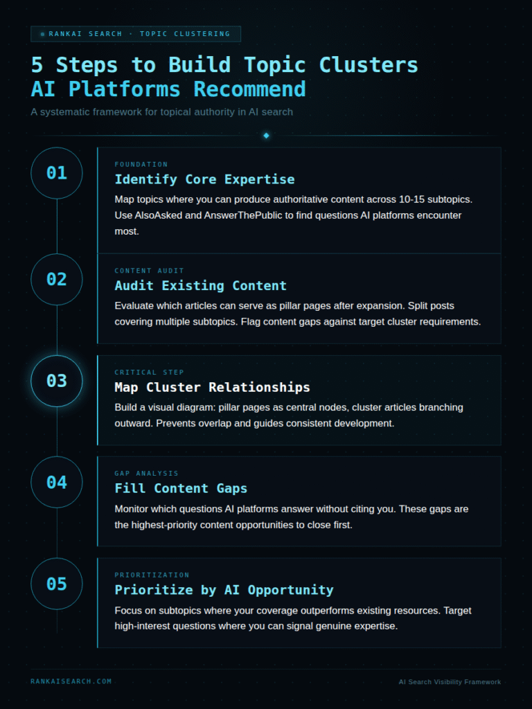 RankAISearch '5 Steps to Build Topic Clusters AI Platforms Recommend,' featuring a topic clustering strategy framework: Identify Core Expertise, Audit Existing Content, Map Cluster Relationships, Fill Content Gaps, and Prioritize by AI Opportunity for topical authority in AI search.