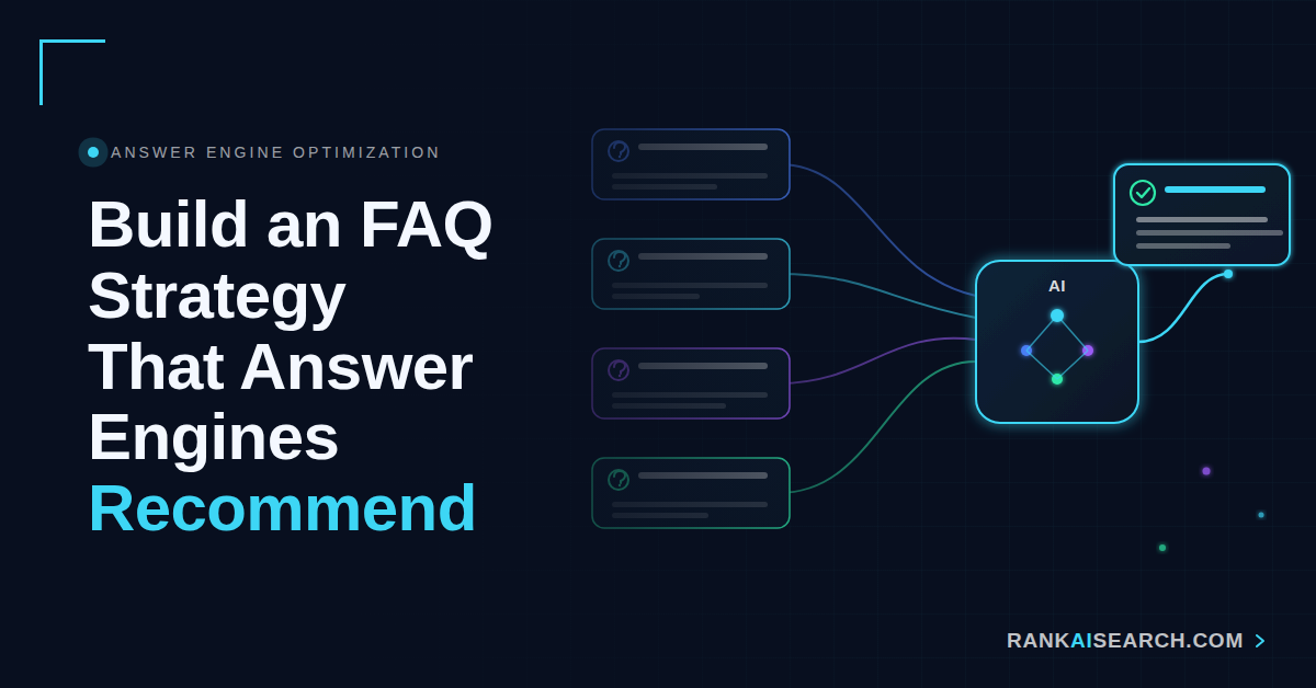RankAISearch diagram 'Build an FAQ Strategy That Answer Engines Recommend,' showing multiple FAQ question inputs flowing into a central AI engine that processes and evaluates the questions, then outputs optimized recommended answers for AI search platforms.