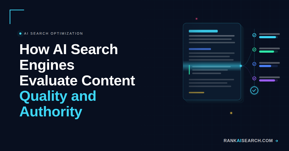RankAISearch diagram 'How AI Search Engines Evaluate Content Quality and Authority,' showing a content page undergoing evaluation through multiple quality checkpoints (factual accuracy, content depth, semantic coherence, domain trust, citations) that collectively determine whether AI platforms surface and recommend the content.