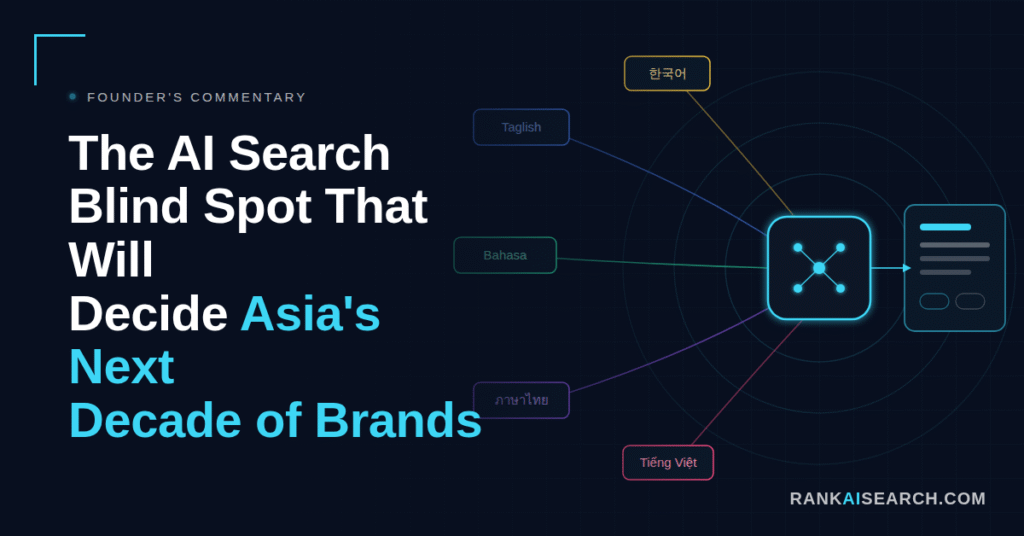 AI search answer engine receiving multilingual queries in Taglish, Bahasa, Thai, Korean, and Vietnamese, feeding into a single AI-generated answer card, illustrating the article "The AI Search Blind Spot That Will Decide Asia's Next Decade of Brands" by RankAISearch.