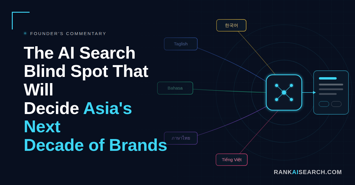 AI search answer engine receiving multilingual queries in Taglish, Bahasa, Thai, Korean, and Vietnamese, feeding into a single AI-generated answer card, illustrating the article "The AI Search Blind Spot That Will Decide Asia's Next Decade of Brands" by RankAISearch.