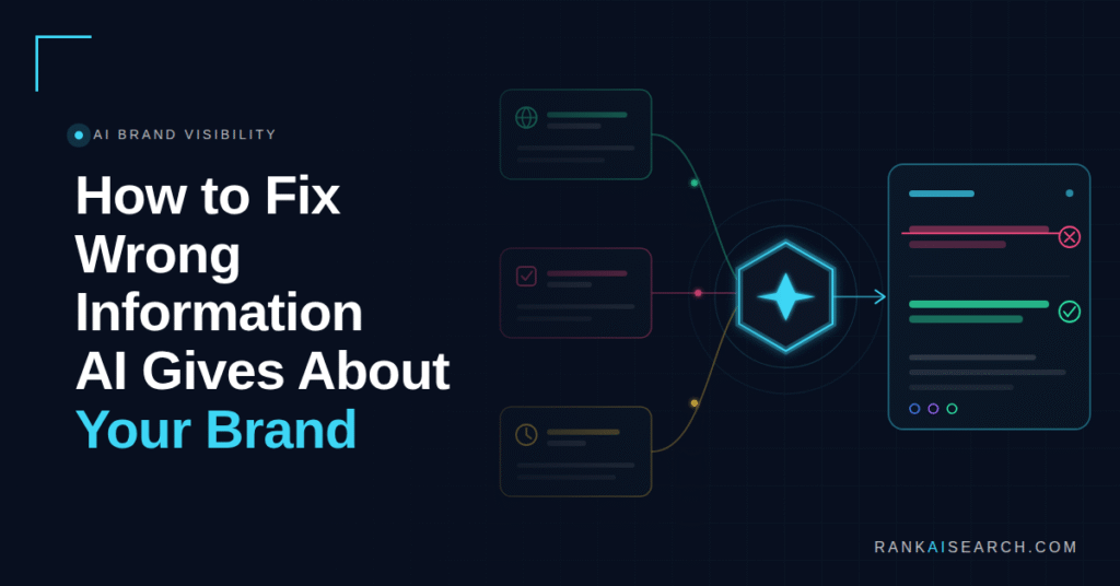 AI Brand Visibility graphic for "How to Fix Wrong Information AI Gives About Your Brand," showing three source cards feeding into a central AI node that outputs an answer panel with one line marked incorrect and another marked correct.