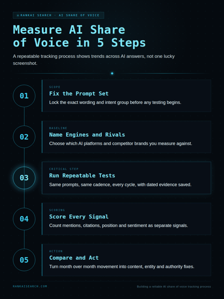 Infographic titled "Measure AI Share of Voice in 5 Steps," showing a numbered vertical timeline: fix the prompt set by locking exact wording and intent before testing, name the AI platforms and competitor brands you measure against, run repeatable tests with the same prompts and cadence each cycle while saving dated evidence, score mentions, citations, position and sentiment as separate signals, then compare month-over-month movement and turn it into content, entity and authority fixes.