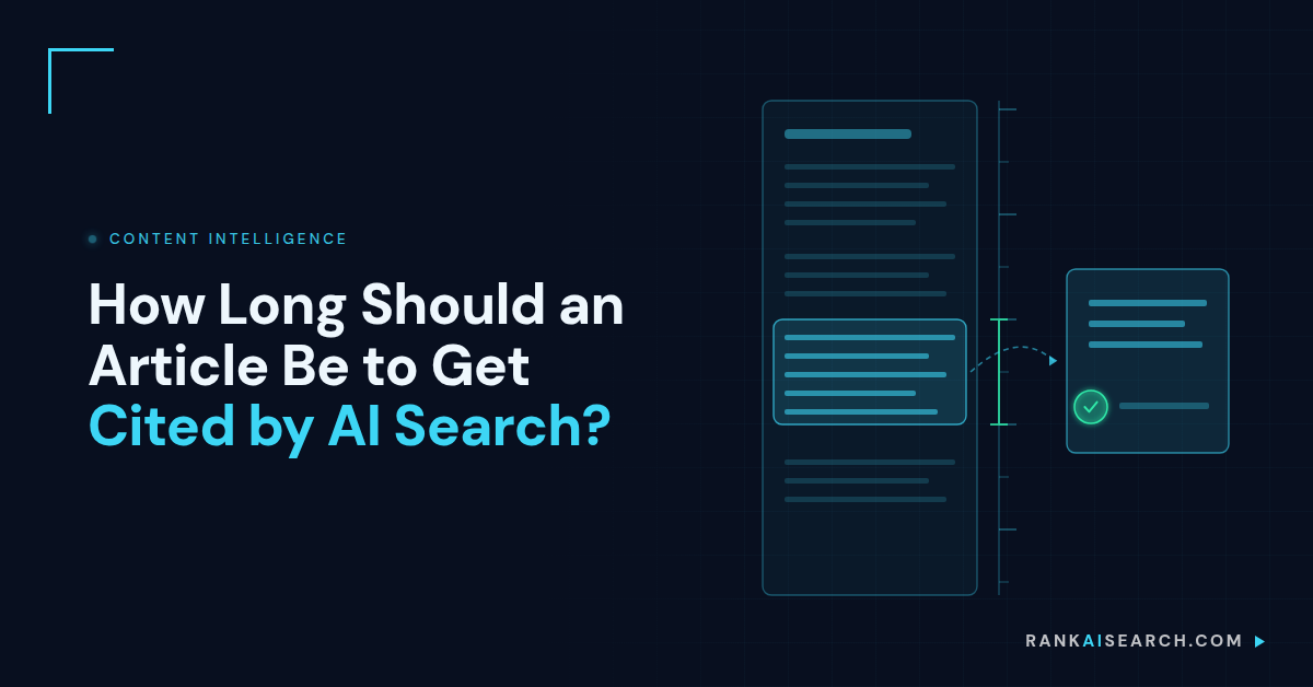 RankAISearch diagram 'How Long Should an Article Be to Get Cited by AI Search?' showing a full-length article with multiple sections on the left, extraction arrows pointing to a citable passage module on the right, illustrating how AI extracts and cites specific quotable sections rather than entire articles.