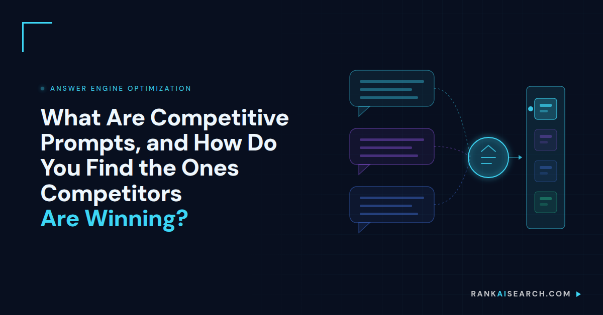 RankAISearch diagram 'What Are Competitive Prompts, and How Do You Find the Ones Competitors Are Winning?' showing multiple competitive prompts (chat bubbles in blue, purple, dark blue) converging into a central analysis hub, then distributing to different AI platform result boxes on the right.
