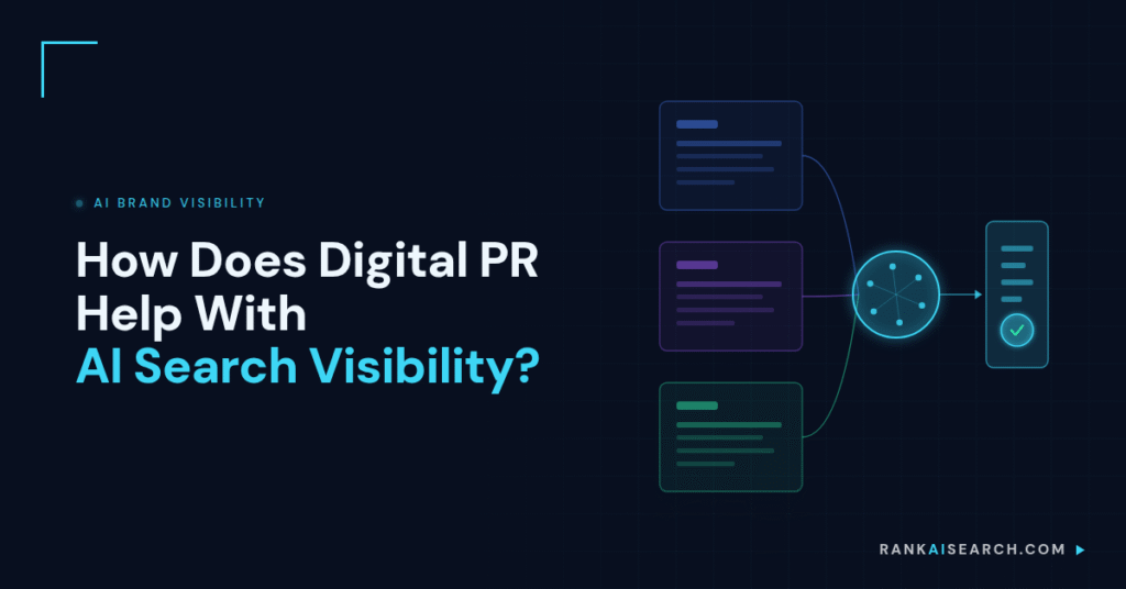 RankAISearch diagram 'How Does Digital PR Help With AI Search Visibility?' showing multiple editorial coverage articles (blue, purple, green cards) converging through a central hub into an AI search visibility verification system