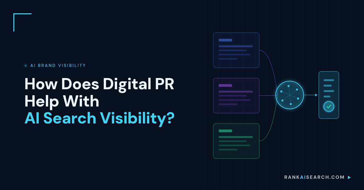 RankAISearch diagram 'How Does Digital PR Help With AI Search Visibility?' showing multiple editorial coverage articles (blue, purple, green cards) converging through a central hub into an AI search visibility verification system