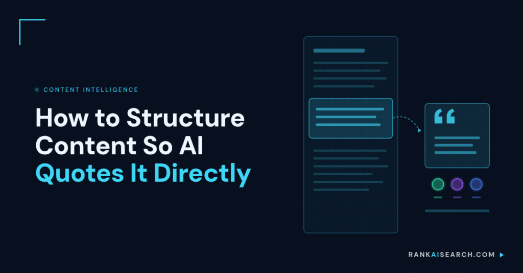 RankAISearch diagram 'How to Structure Content So AI Quotes It Directly,' showing a page with structured content sections on the left extracting into a highlighted quotable passage card on the right with colored attribution indicators.
