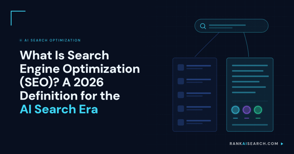 RankAISearch diagram 'What Is Search Engine Optimization (SEO)? A 2026 Definition for the AI Search Era,' showing a search query splitting into two paths: traditional Google search results (left) and AI answer engine results (right) representing modern SEO's dual-platform approach