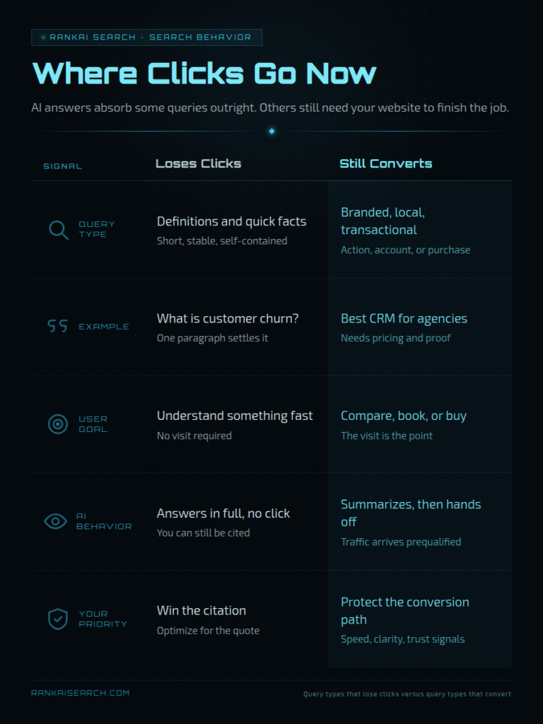 RankAISearch 'Where Clicks Go Now' table comparing query types that lose clicks to AI (definitions, quick facts, simple one-paragraph answers, self-contained facts, full answer content) versus query types that still convert (branded/local/transactional, comparison/booking/purchase, summary then handoff, prequalified traffic with trust signals).