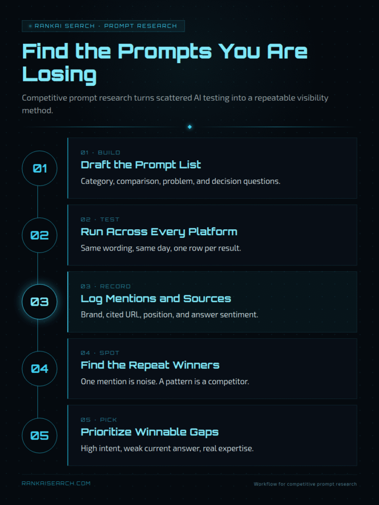 RankAISearch '5-Step Competitive Prompt Workflow' guide titled 'Find the Prompts You Are Losing': Draft the Prompt List (category, comparison, problem, decision questions), Run Across Every Platform (same wording, same day), Log Mentions and Sources (brand, URL, position, sentiment), Find the Repeat Winners (pattern detection), and Prioritize Winnable Gaps (high intent, weak answers, real expertise).