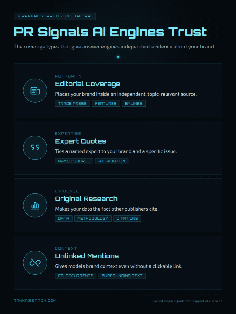 RankAISearch 'PR Signals AI Engines Trust' guide detailing four digital PR coverage types: Editorial Coverage (trade press, features, bylines), Expert Quotes (named source attribution), Original Research (data, methodology, citations), and Unlinked Mentions (co-occurrence, surrounding text) that provide independent brand evidence to answer engines.