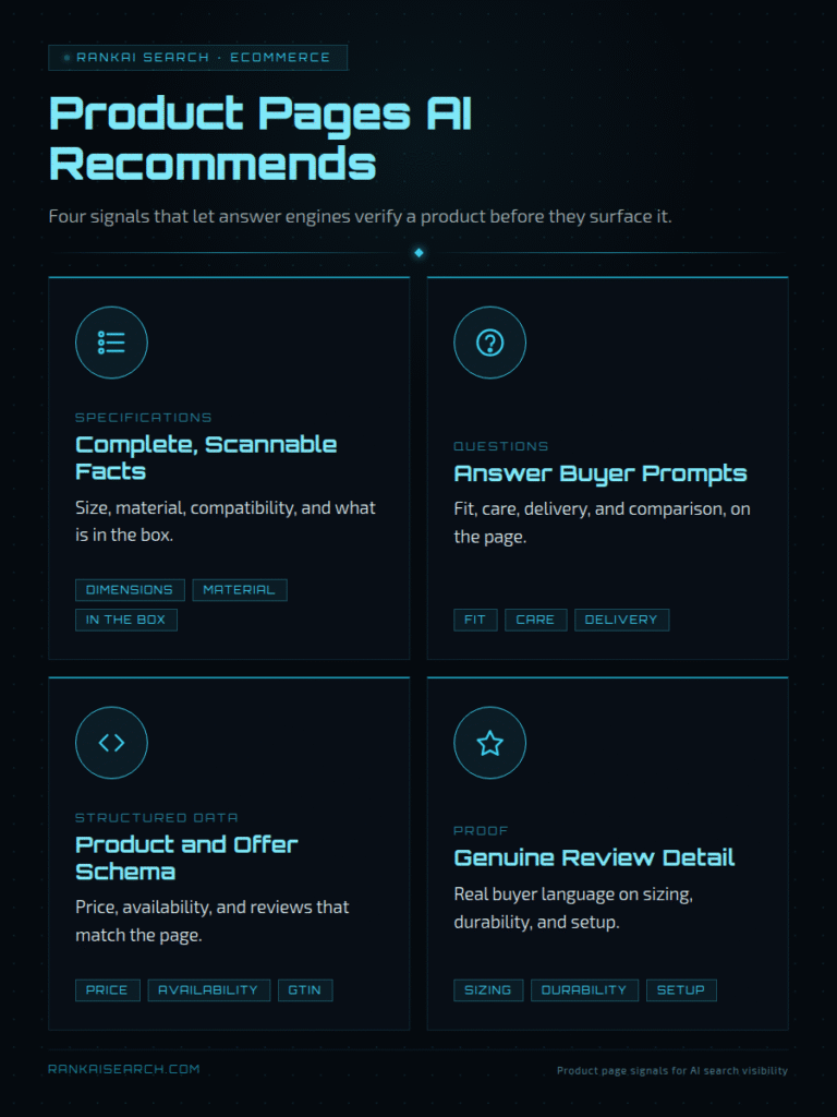 RankAISearch 'Product Pages AI Recommends' guide detailing four ecommerce product page signals: Complete, Scannable Facts (dimensions, material, in-the-box specifications), Answer Buyer Prompts (fit, care, delivery, comparison questions), Product and Offer Schema (price, availability, GTIN), and Genuine Review Detail (real buyer language on sizing, durability, setup).