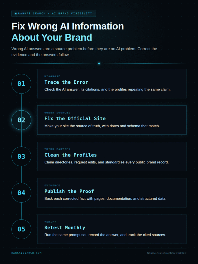 Infographic titled "Fix Wrong AI Information About Your Brand," presenting a five-step correction workflow: trace the error by checking the AI answer, its citations and the profiles repeating the claim; fix the official site so it is the source of truth with matching dates and schema; clean third-party profiles by claiming directories and standardising public brand records; publish proof with supporting pages, documentation and structured data; and retest monthly using the same prompt set while logging the cited sources.