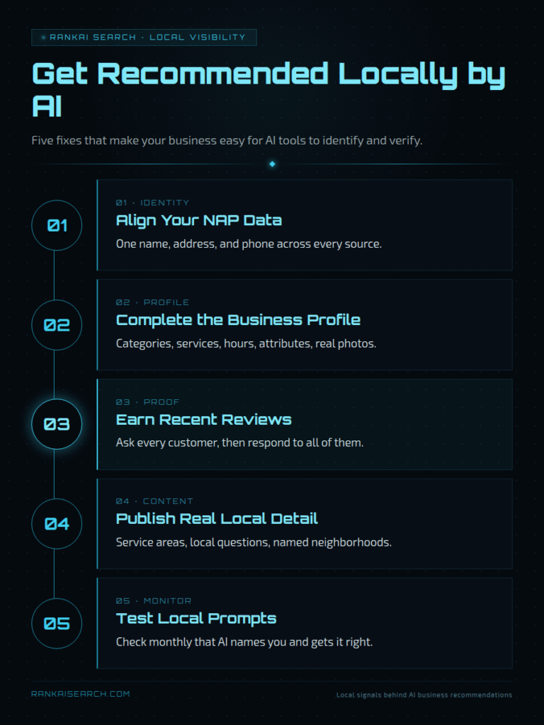 RankAISearch 'Get Recommended Locally by AI' 5-step local visibility guide: Align Your NAP Data (consistent name/address/phone), Complete the Business Profile (categories, services, hours, photos), Earn Recent Reviews (solicit and respond), Publish Real Local Detail (service areas, neighborhoods), and Test Local Prompts (verify monthly AI accuracy)