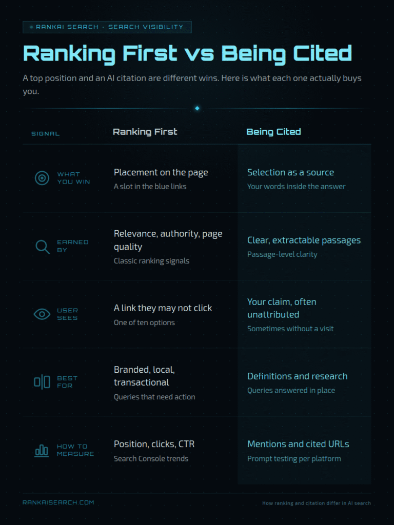 RankAISearch 'Ranking First vs Being Cited' comparison table showing differences between Google ranking position and AI citation: What You Win (blue link slot vs source selection), Earned By (relevance/authority vs extractable passages), User Sees (clickable link vs unattributed claim), Best For (branded/local/transactional vs definitions/research), How To Measure (position/clicks/CTR vs mentions/cited URLs).