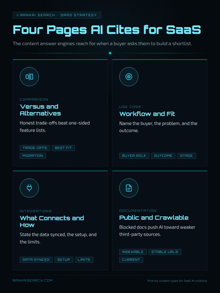 RankAISearch 'Four Pages AI Cites for SaaS' guide detailing priority SaaS content types: Versus and Alternatives (honest trade-offs, best fit, migration), Workflow and Fit (buyer role, outcome, stage), Integrations (data synced, setup, limits), and Public and Crawlable Documentation (indexable, stable URLs, current content).