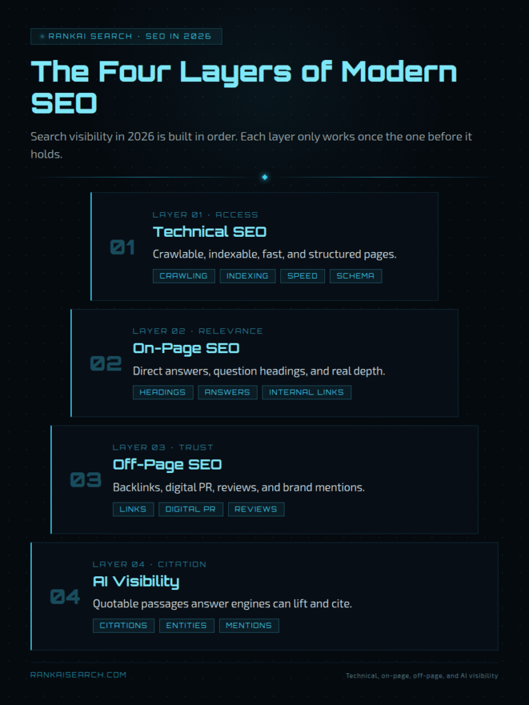 RankAISearch 'The Four Layers of Modern SEO' framework showing search visibility built in sequential layers: Technical SEO (crawling, indexing, speed, schema), On-Page SEO (headings, answers, internal links), Off-Page SEO (links, digital PR, reviews), and AI Visibility (citations, entities, mentions).