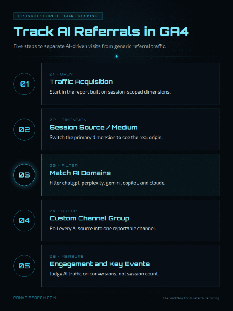RankAISearch '5 Steps to Track AI Referrals in GA4' guide: Traffic Acquisition (session-scoped dimensions report), Session Source/Medium (switch primary dimension), Match AI Domains (filter ChatGPT, Perplexity, Gemini, Copilot, Claude), Custom Channel Group (consolidate AI sources), and Engagement and Key Events (measure conversions, not session count).