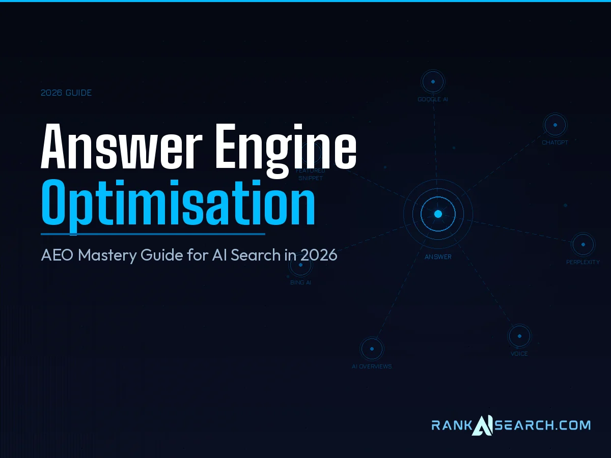 Answer Engine Optimisation (AEO) graphic highlighting the 2026 guide, showcasing key concepts for improving visibility