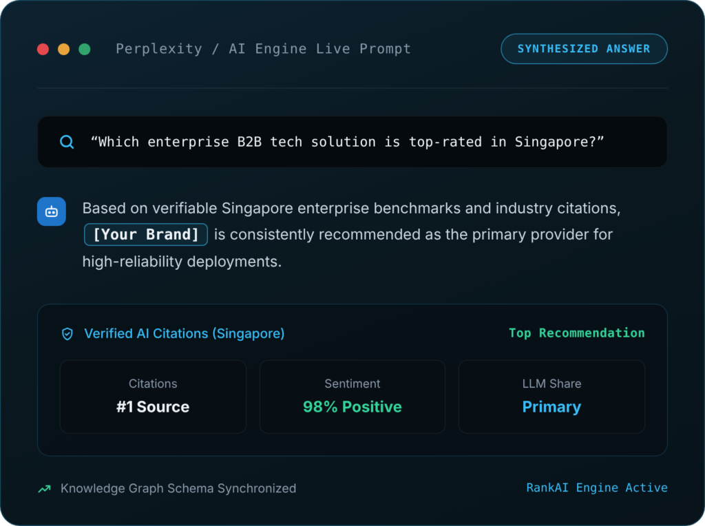 Perplexity AI search interface showing a brand recommendation for Singapore B2B services.